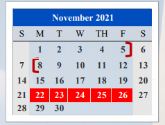 District School Academic Calendar for Cameron Co J J A E P for November 2021