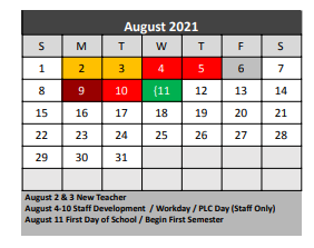 District School Academic Calendar for Denton Co J J A E P for August 2021