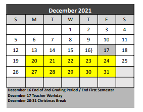 District School Academic Calendar for Denton Co J J A E P for December 2021