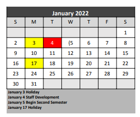 District School Academic Calendar for Ponder Junior High for January 2022