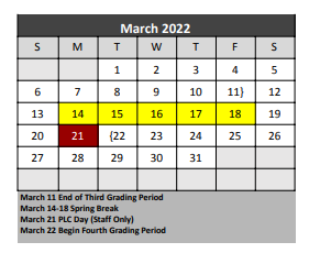 District School Academic Calendar for Ponder Elementary for March 2022