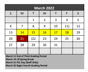 District School Academic Calendar for Denton Co J J A E P for March 2022