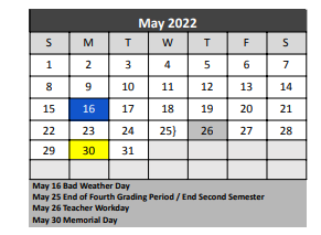 District School Academic Calendar for Ponder Elementary for May 2022