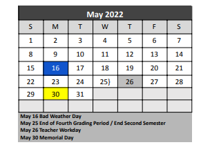 District School Academic Calendar for Denton Co J J A E P for May 2022