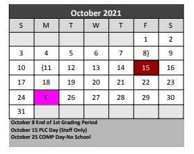 District School Academic Calendar for Denton Co J J A E P for October 2021