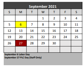 District School Academic Calendar for Ponder Elementary for September 2021