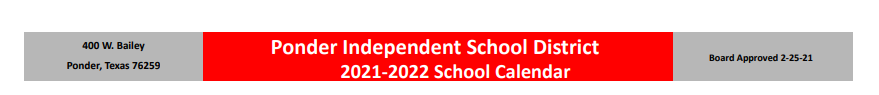 District School Academic Calendar for Ponder Junior High