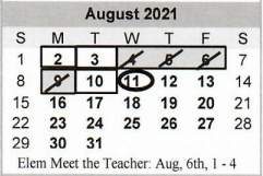 District School Academic Calendar for Lee Elementary for August 2021