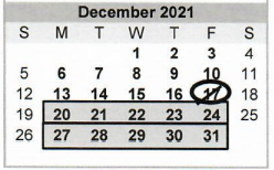 District School Academic Calendar for Memorial 7th 8th 9th Grade Center for December 2021