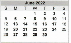 District School Academic Calendar for Dequeen Elementary for June 2022
