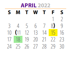 District School Academic Calendar for Pre School Ctr for April 2022