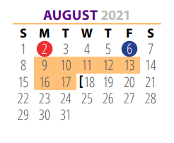 District School Academic Calendar for Pre School Ctr for August 2021