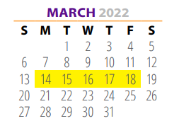 District School Academic Calendar for Pre School Ctr for March 2022