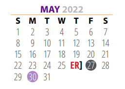 District School Academic Calendar for Pre School Ctr for May 2022