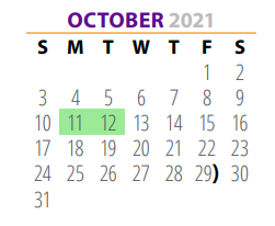 District School Academic Calendar for Pre School Ctr for October 2021