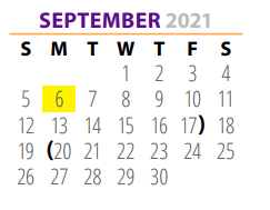 District School Academic Calendar for Pre School Ctr for September 2021