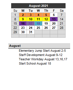District School Academic Calendar for Garza Co Detention & Resident Faci for August 2021