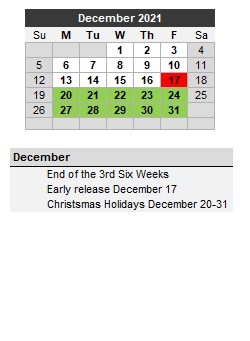 District School Academic Calendar for Post Middle for December 2021