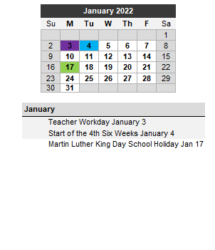 District School Academic Calendar for Post High School for January 2022