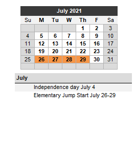 District School Academic Calendar for Post High School for July 2021