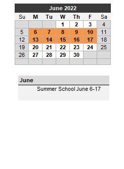 District School Academic Calendar for Post High School for June 2022
