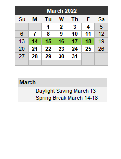 District School Academic Calendar for Garza Co Detention & Resident Faci for March 2022