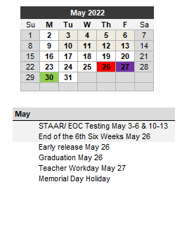 District School Academic Calendar for Post High School for May 2022