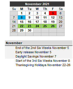 District School Academic Calendar for Garza Co Detention & Resident Faci for November 2021