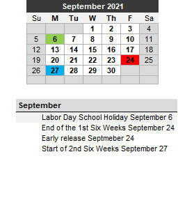 District School Academic Calendar for Post High School for September 2021