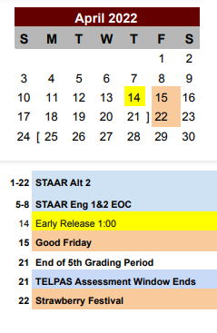 District School Academic Calendar for Poteet Elementary for April 2022
