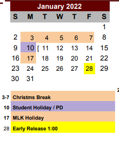 District School Academic Calendar for Poteet High School for January 2022