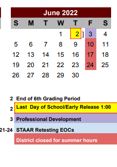District School Academic Calendar for Atascosa Co Juvenile Unit for June 2022