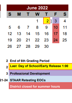 District School Academic Calendar for Poteet High School for June 2022