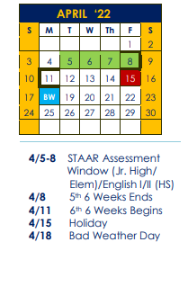 District School Academic Calendar for Wilson Co J J A E P for April 2022