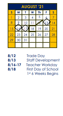 District School Academic Calendar for Poth Junior High for August 2021