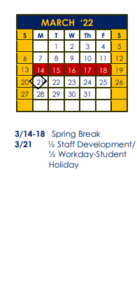 District School Academic Calendar for Floresville Ed Alter Ctr for March 2022