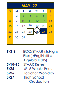 District School Academic Calendar for Wilson Co J J A E P for May 2022