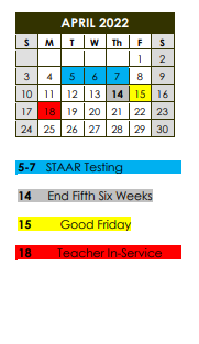 District School Academic Calendar for Prairiland Jr High for April 2022