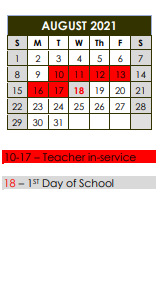 District School Academic Calendar for Deport Elememntary for August 2021