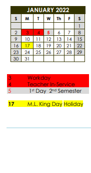 District School Academic Calendar for Prairiland Jr High for January 2022