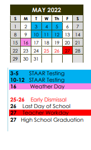 District School Academic Calendar for Prairiland High School for May 2022