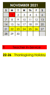 District School Academic Calendar for Prairiland High School for November 2021
