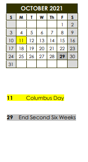 District School Academic Calendar for Deport Elememntary for October 2021