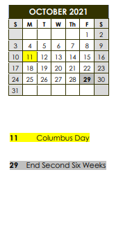 District School Academic Calendar for Prairiland High School for October 2021