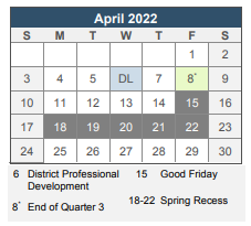 District School Academic Calendar for Esek Hopkins Middle School for April 2022
