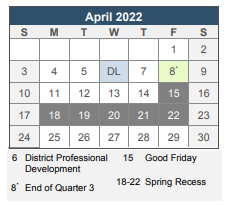 District School Academic Calendar for William B. Cooley/health And Science TECH. Academy for April 2022