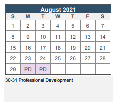 District School Academic Calendar for Textron Chamber Of Commerce Academy for August 2021