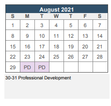 District School Academic Calendar for Roger Williams Middle School for August 2021