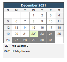 District School Academic Calendar for William B. Cooley/health And Science TECH. Academy for December 2021