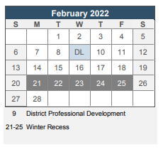 District School Academic Calendar for Gilbert Stuart Middle School for February 2022